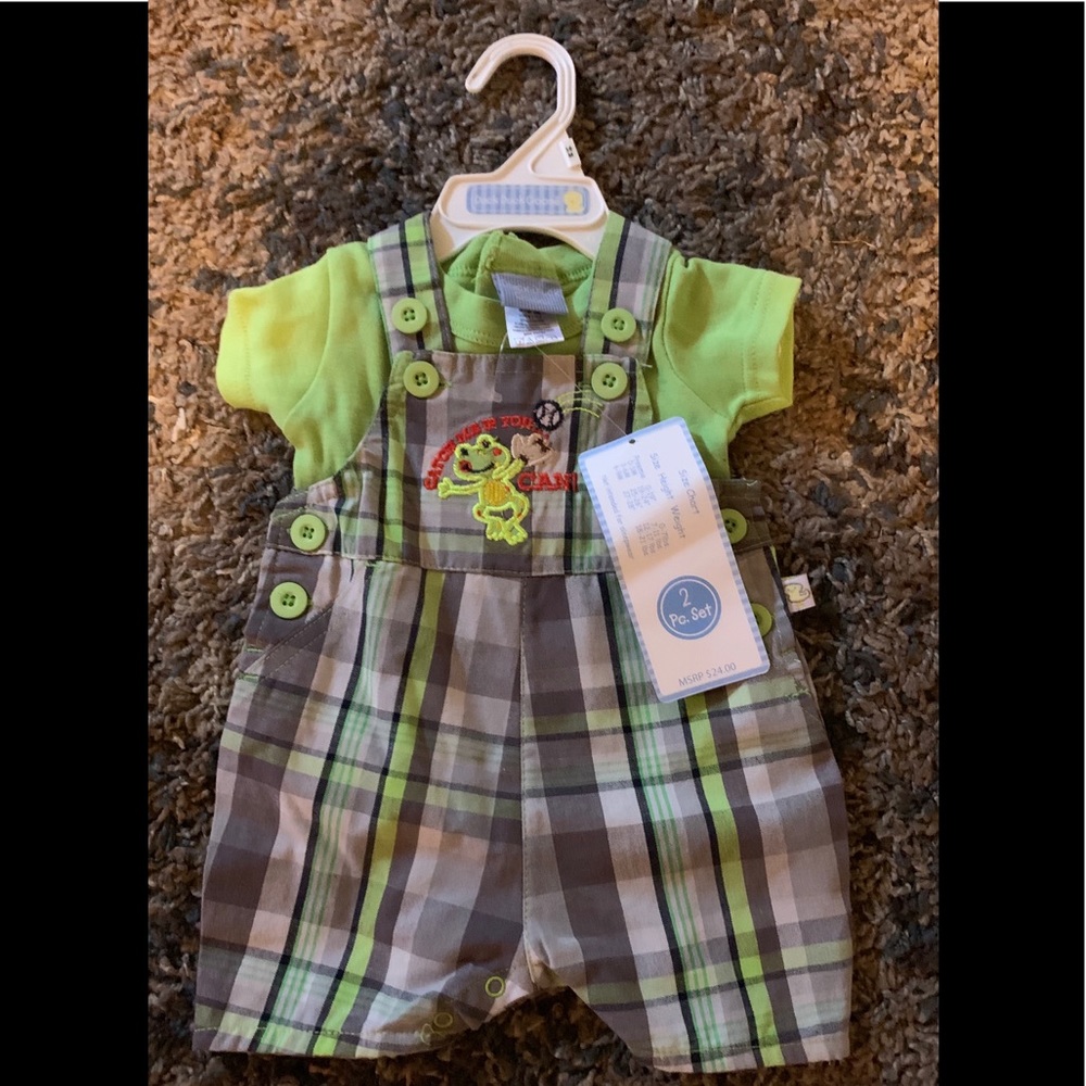 Duck Duck Goose Overalls and Green Bodysuit